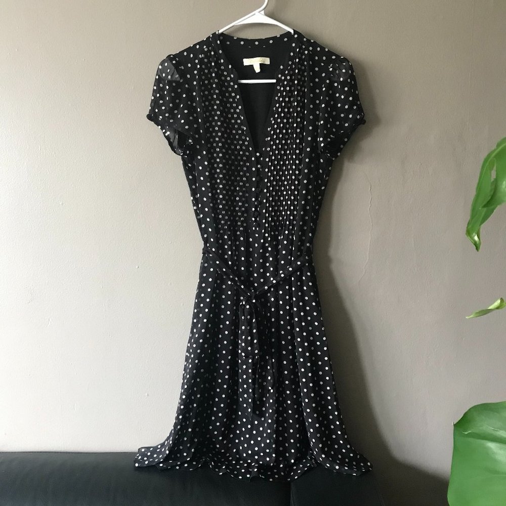 Prelude Women's 4 Black & White Polka Dot Pintuck Lined Dress w/ Belt Size 4